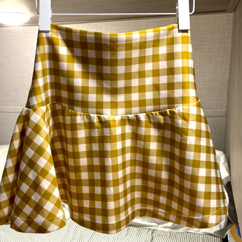 Eugenia Fernandez neoprene Olive green and cream check mini circle skirt size s